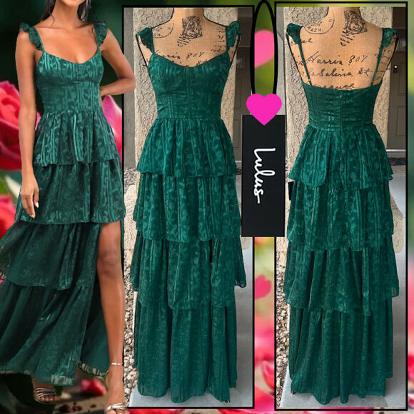 Lulus Hunter Green Floral Jacquard Tiered Stunning Glory Maxi Dress Size: XS - Picture 1 of 10